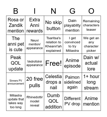 Genshin 7.1 livestream Bingo Card