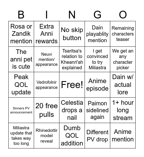 Genshin 7.1 livestream Bingo Card