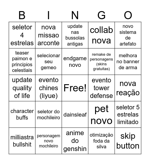 live stream Bingo Card