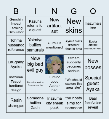 Genshin Impact 1.7 Livestream Bingo Card