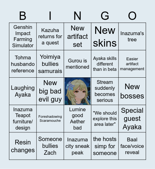 Genshin Impact 1.7 Livestream Bingo Card
