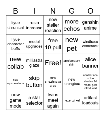 genshin 7.1 bingo Card