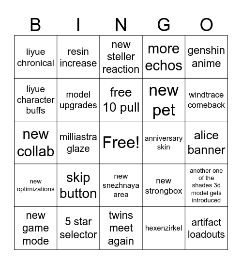 genshin 7.1 bingo Card