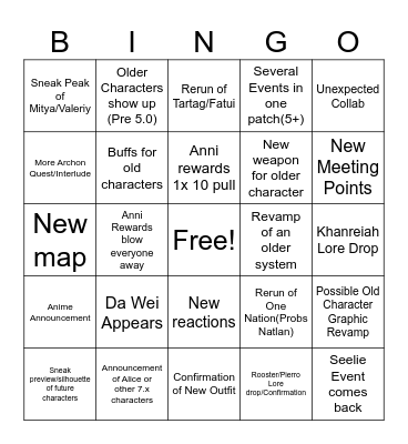 Genshin 7.1 Livestream Bingo Card