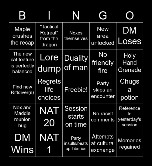 Dragonblood's Legacy 59th Session Bingo Card