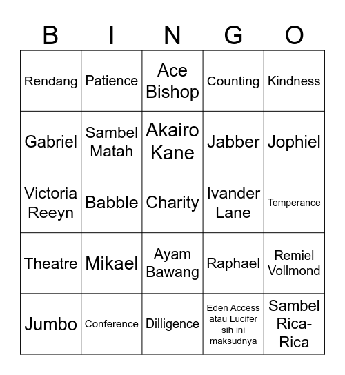 Sufjan Bingo Card