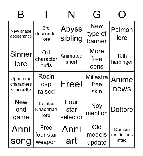 Genshin anni Bingo Card