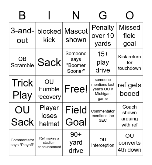 OU v Michigan Bingo Card
