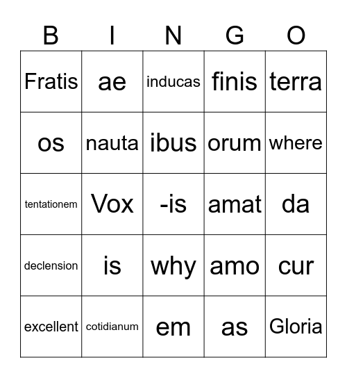 Latin Bingo! Bingo Card