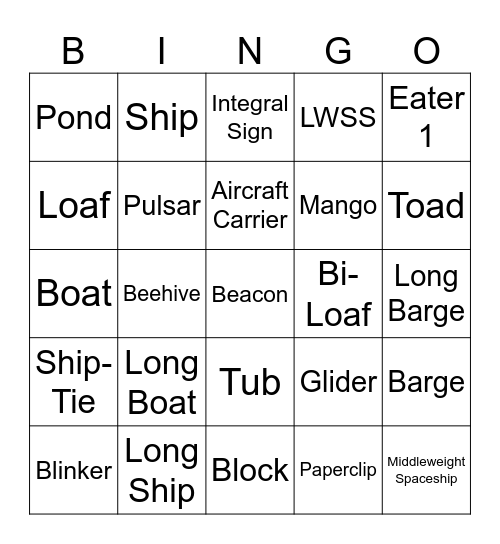 Conway's Game of Life Bingo Card