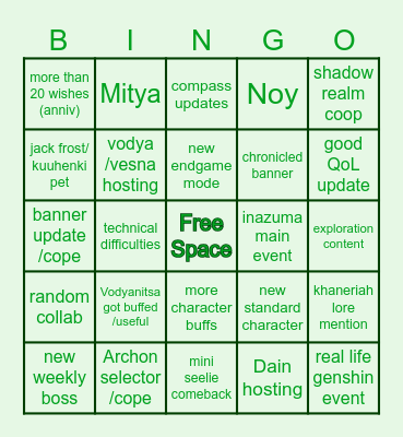 Genshin stream Bingo Card