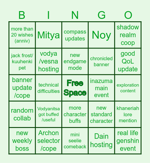 Genshin stream Bingo Card