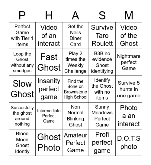 Phasmo Bingo Card