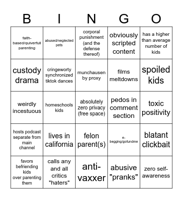 FAMILY VLOGGER CHICANERY Bingo Card