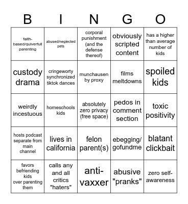 FAMILY VLOGGER CHICANERY Bingo Card