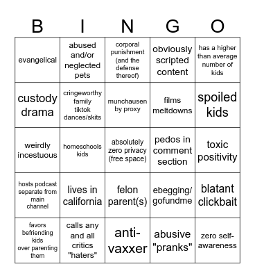 FAMILY VLOGGER CHICANERY Bingo Card
