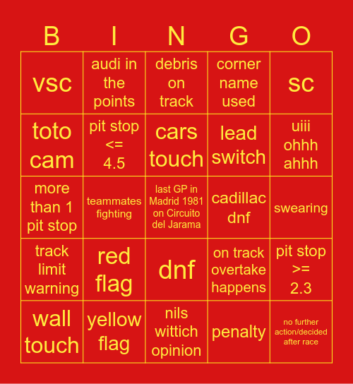 Madring 2026 Bingo Card