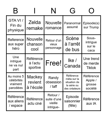 SOUTH PARK SAISON 29 Bingo Card