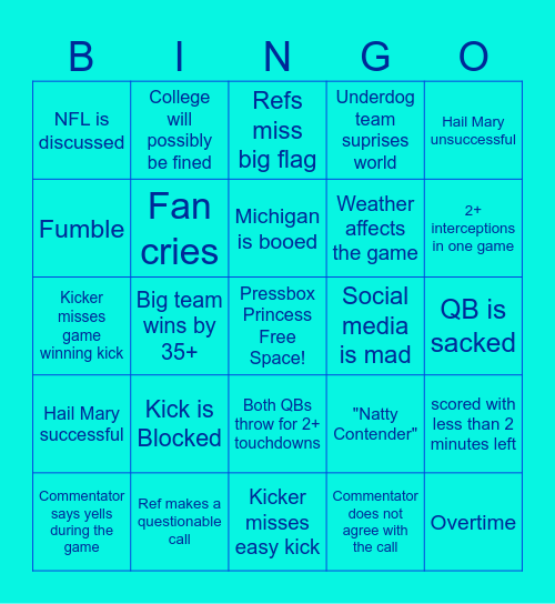 Pressbox Princess College WK 2 Bingo Card