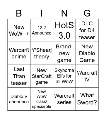 Blizzcon 2026 Bingo Card