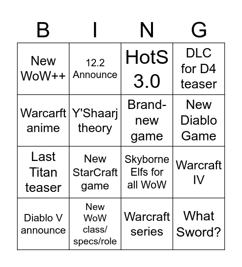 Blizzcon 2026 Bingo Card