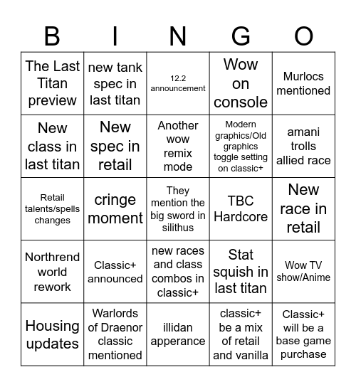 Blizzcon 2026 - WOW Bingo Card