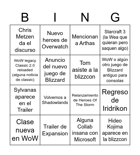 Blizzcon insana Bingo Card