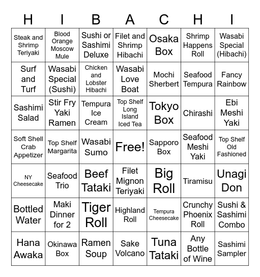 Wasabi Bingo Card