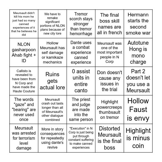 Canto X Bingo Card