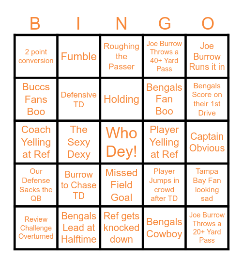 Bengals Week 1 Bingo vs Tampa Bay Buccs Bingo Card