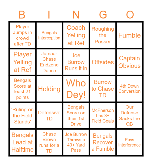 Bengals Week 1 Bingo vs Tampa Bay Buccs Bingo Card
