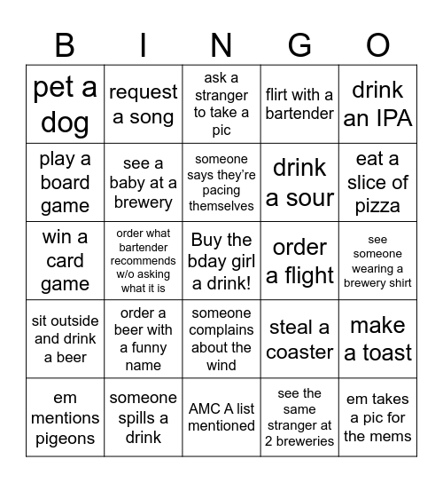 Em’s Bday Brewers Crawl Bingo Card
