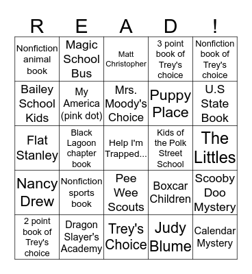 Trey's Reading BINGO Card
