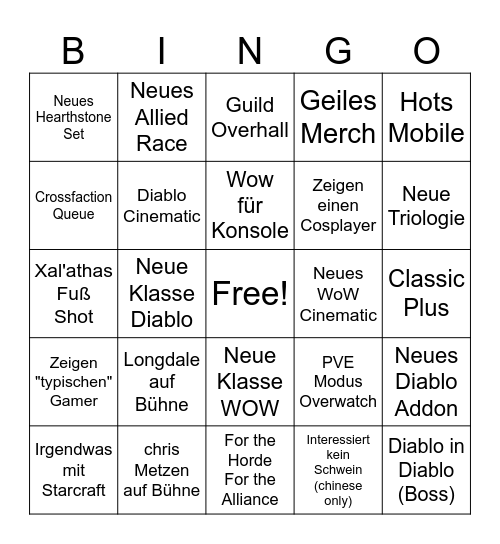 Blizzcon Bingo Card