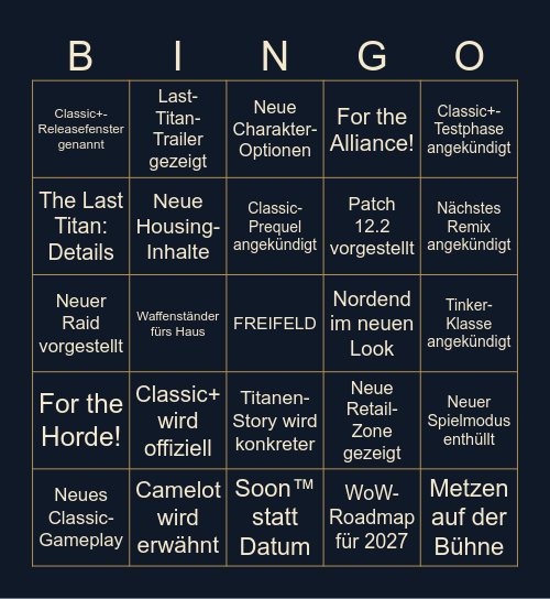 WoW BlizzCon 2026 · Tag 1 · Gerüchte & Wünsche Bingo Card