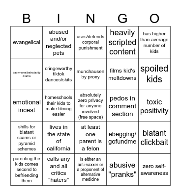MOMMY VLOGGER CHICANERY Bingo Card