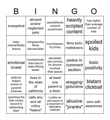 MOMMY VLOGGER CHICANERY Bingo Card