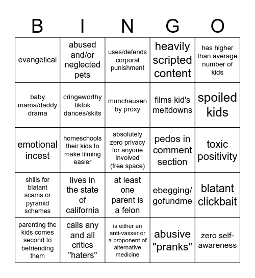MOMMY VLOGGER CHICANERY Bingo Card
