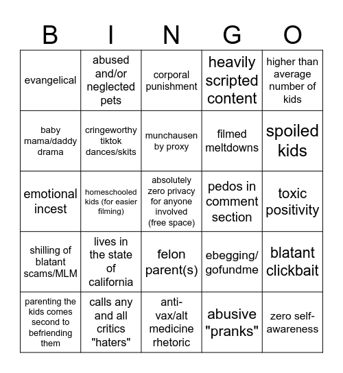 MOMMY VLOGGER CHICANERY Bingo Card