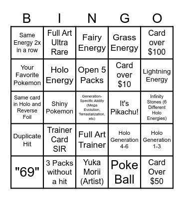 Pokemon Pack Bingo Card