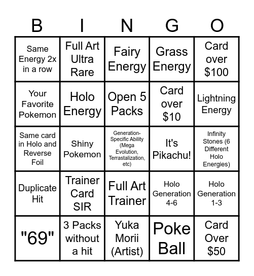 Pokemon Pack Bingo Card
