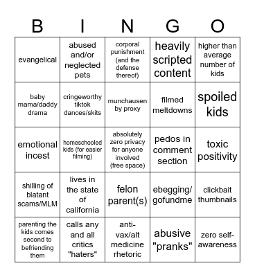 MOMMY VLOGGER CHICANERY Bingo Card