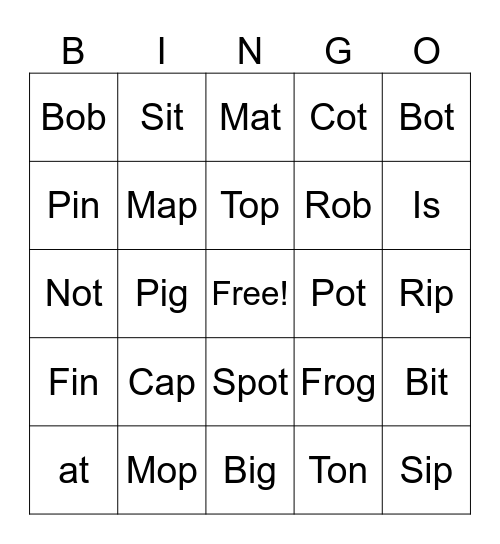 Short I, A, O Bingo Card