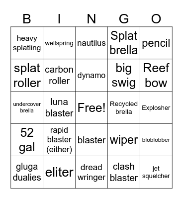 splatoon weapon Bingo Card