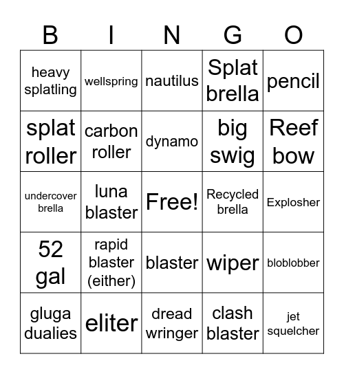 splatoon weapon Bingo Card