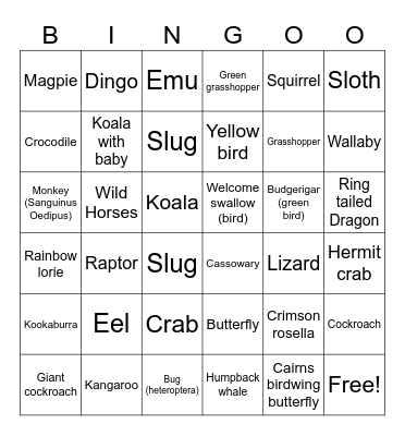 Animal Bingo Card