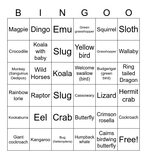 Animal Bingo Card
