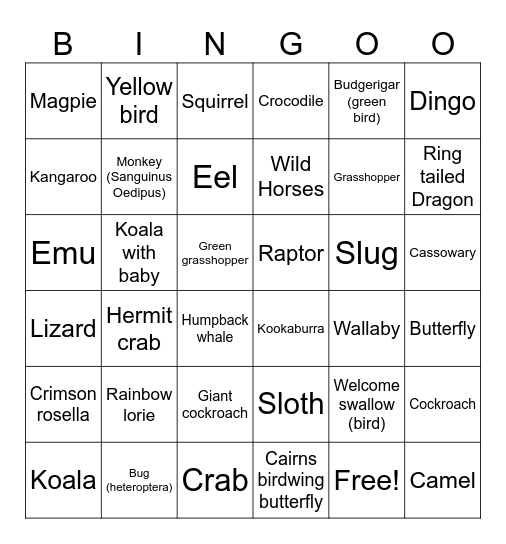 Animal Bingo Card