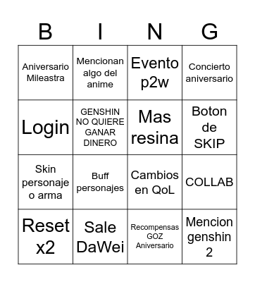 Stream Genshin Aniversario 7.1 Bingo Card