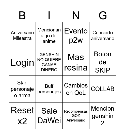 Stream Genshin Aniversario 7.1 Bingo Card